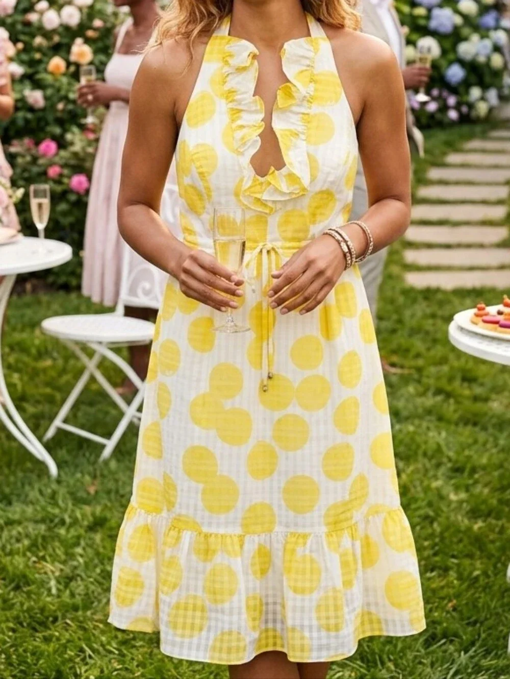 Lilly Pulitzer Silk Cotton Yellow Polka Dot Ruffle Halter Dress Size 4 - Picture 1 of 14
